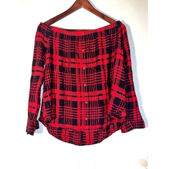 Honey Bella | Off The Shoulder Red Flannel | Small - Picture 1 of 5